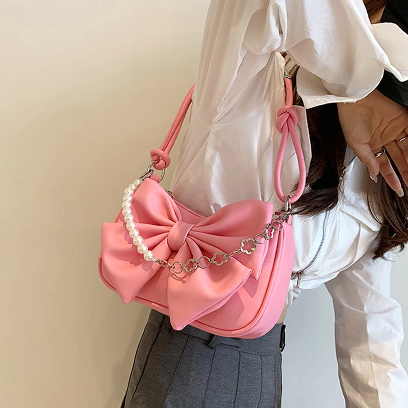 HAEX New Design Women's Bag 2022 Trend Fashion Bow Pleated Underarm Shoulder Bag Individuality Summer Chains Beading Handbag