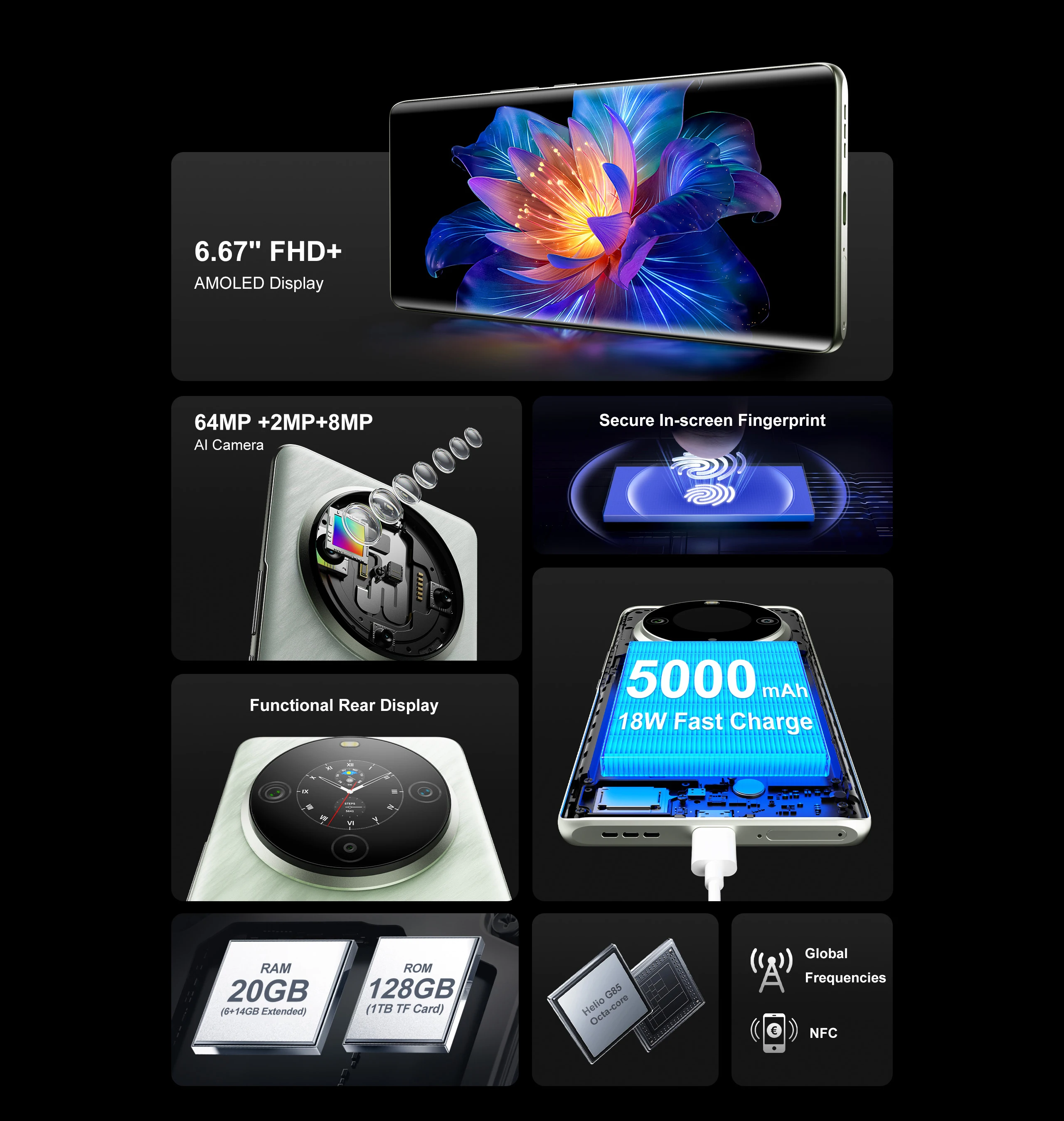 FOSSiBOT S3 PRO Smartphone 6.67" AMOLED Display Android 14 Up to 20+128GB Mobile 8+64MP CAM NFC Cell Phone