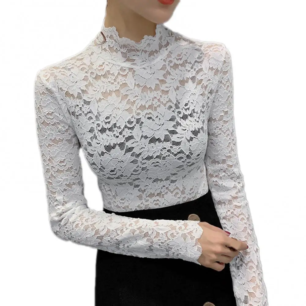 Elegant Women Turtle Neck Long Sleeve Floral Lace Blouse Top Slim Base T-shirt