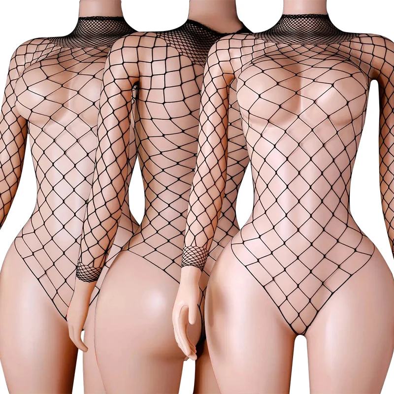 High Neck Fishnet Hollow Bodysuits For Women Sexy Long Sleeve Crotchless Jumpsuits Erotic Outfits Mesh See Through Teddy Rompers