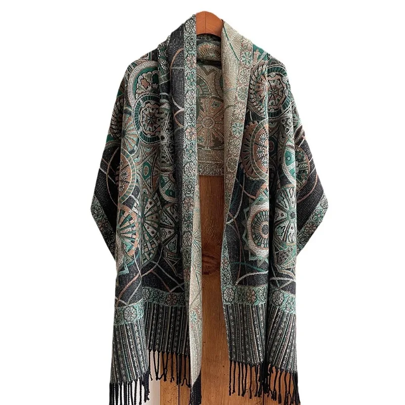 Retro Tassel Shawl Ethnic Style Scarf Women\'s Imitation Cashmere Cape Literary Festival Warm Autumn and Winter Ethnic Style New