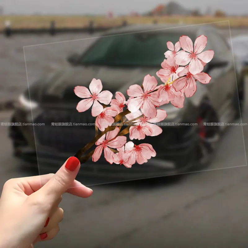 Watercolor Cherry Blossom Transparent Vinyl Sticker, Waterproof Floral Decal for Car Window Bumper Motorcycle Laptop Decor