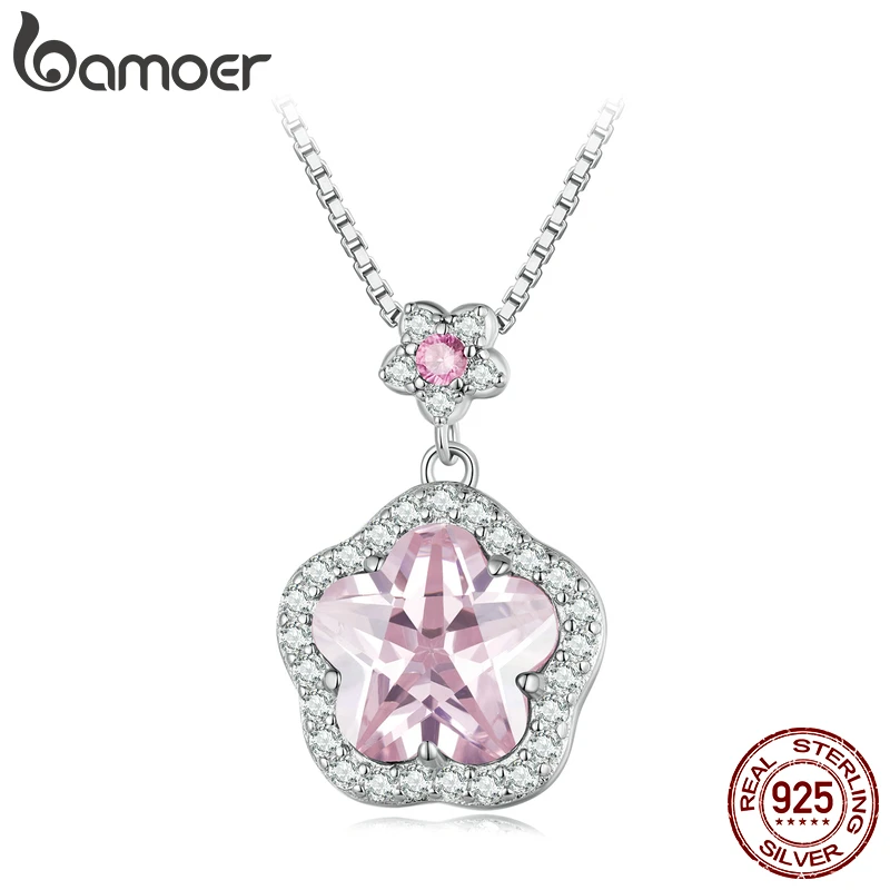 Bamoer 925 Sterling Silver Pink Flower Pendant Necklace Little Star Neck Chain Pave Setting CZ for Women Valentine\'s Day Gift