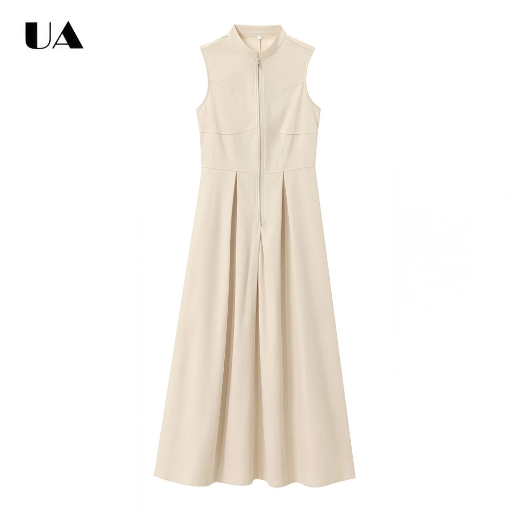 

ULBYANRY Fashionable A-line O-neck Zipped Long Dress, Office Lady Sleeveless Folded Maxi Dresses for Women, Vintage Pocket Dress