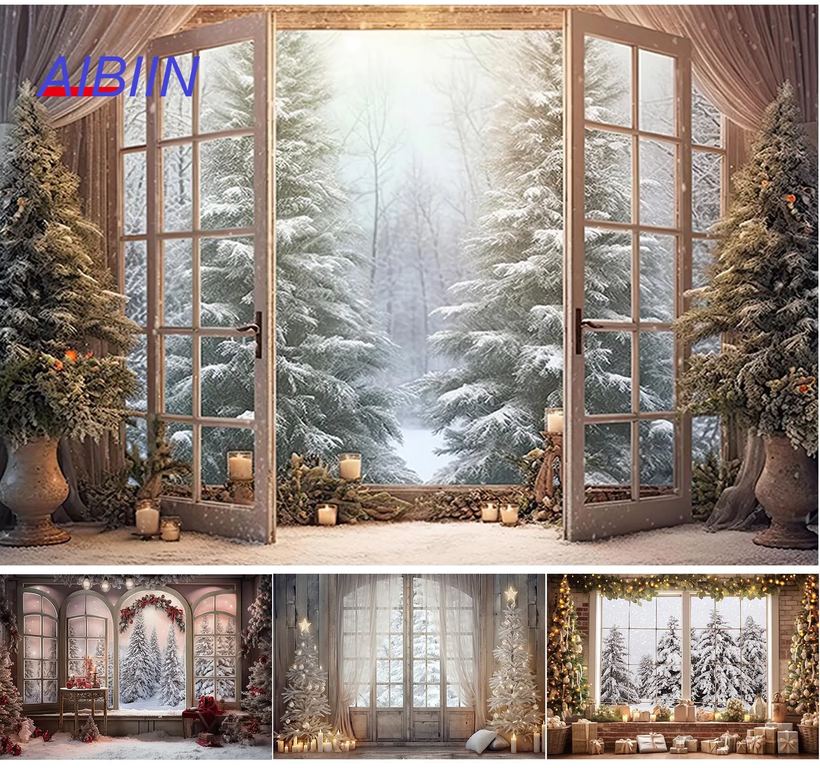 Big Window Snow Photography Background Winter Christmas Party Decorations Trees Santa Gift Backdrop Kids Portrait Photozone