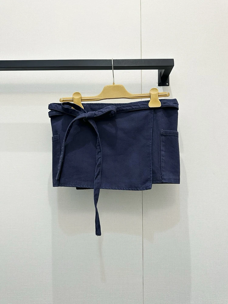 Summer Fashion Dark Blue Color Cotton Sexy Mini Pencil Skirt Women's Solid Color Butterfly-knot Bind Straight Barrel Short Skirt