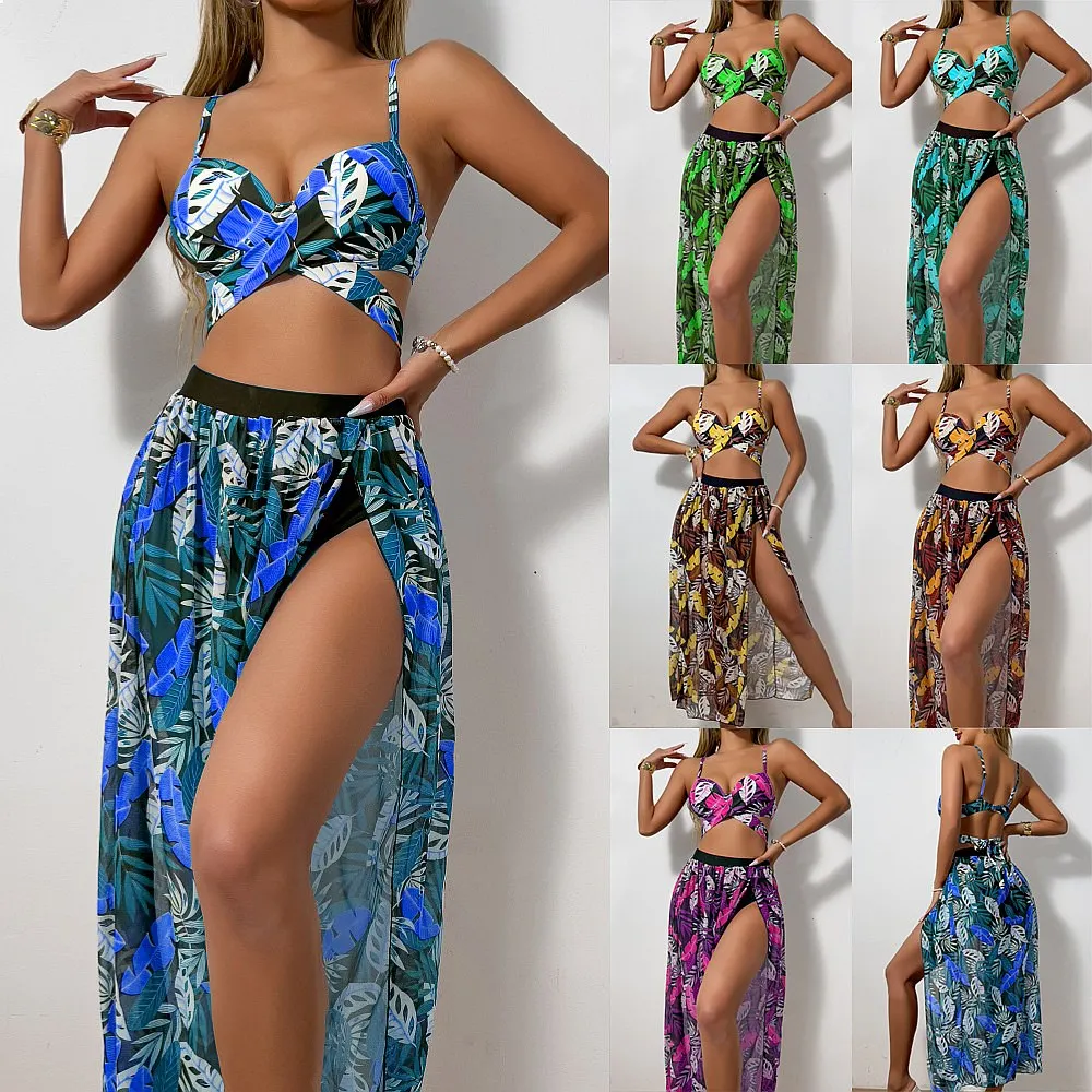 

2026 Three Piece Push Up Bikini Set With Mesh Sarong Skirt Padded Swimwear For Women Beach Bathing Suit