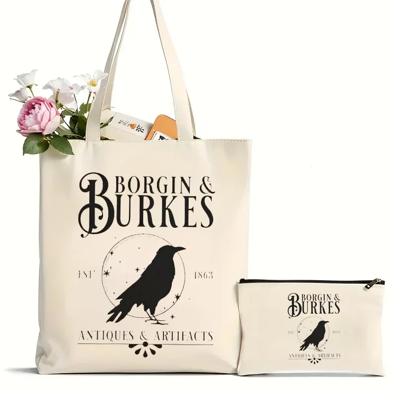 2Pcs Borgin And Burkes Crow Pattern Canvas Tote Bag, Reusable Shopping Bag