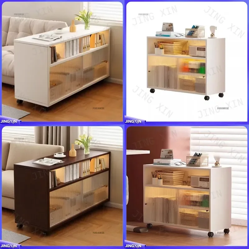 custom for Retro Wood Living Room Cabinet Large Storage Glass Door Bookcase Home Furniture with Wheels Modern Display Shelf