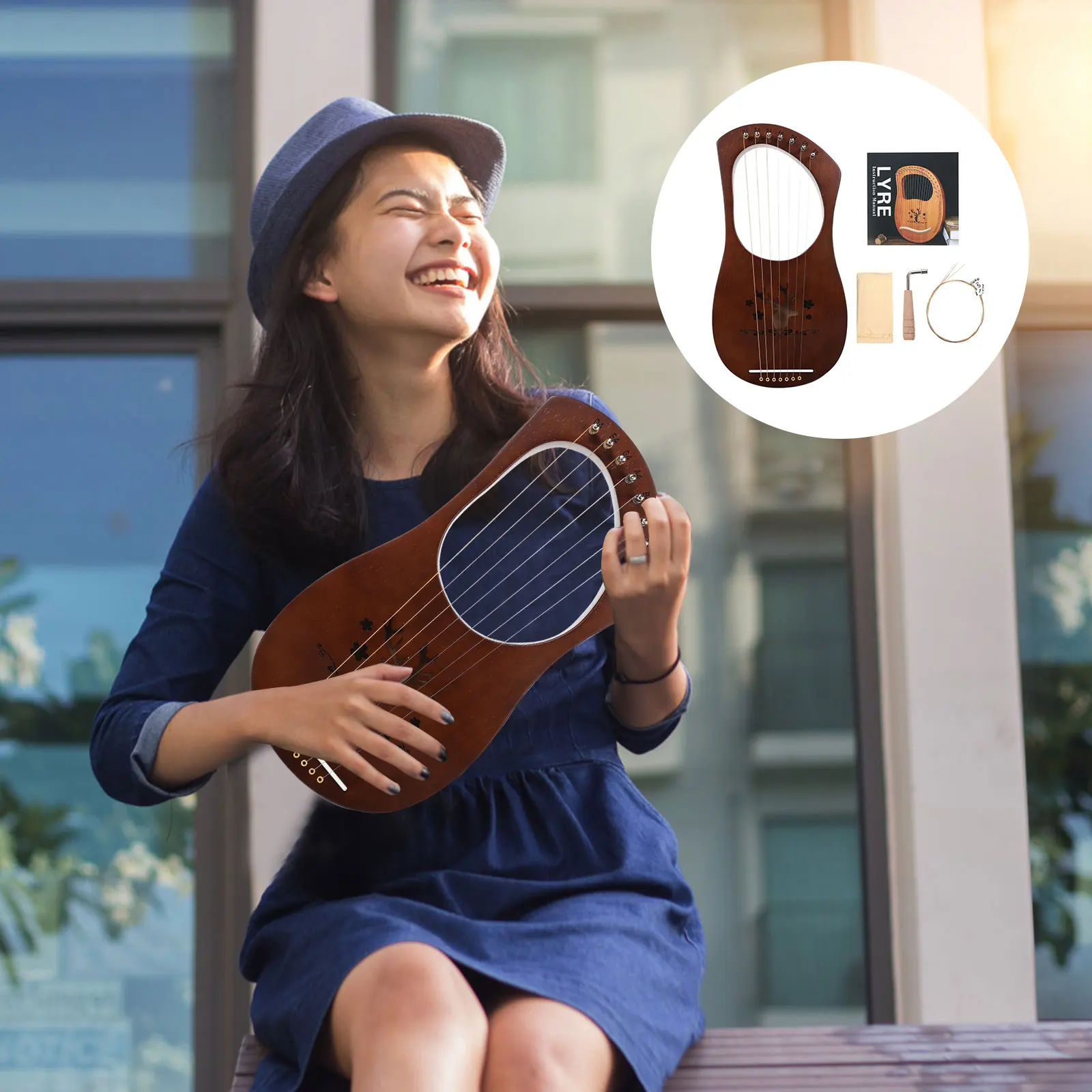 

1 Set Wooden Harp Retro 7 Strings Lyre Harp Portable Delicate Design Smooth Surface Long Lasting High Quality Musical Instrument