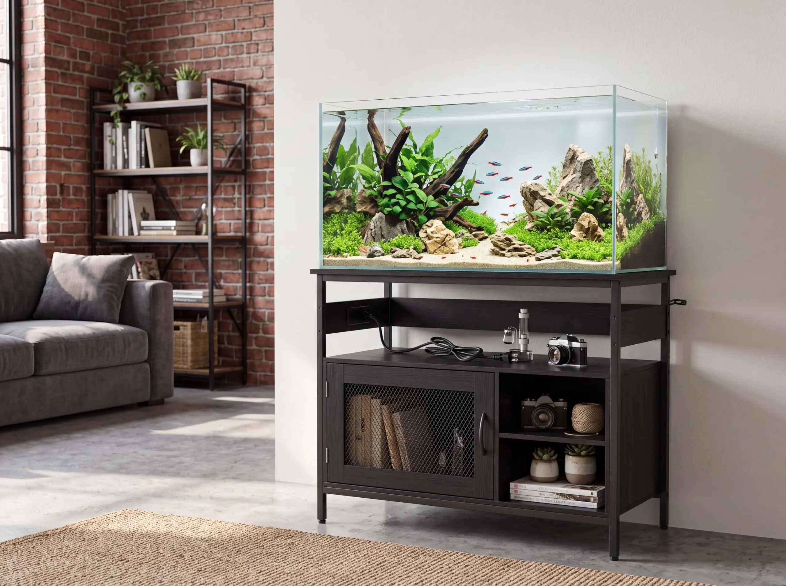 40-50 Gallon Metal Aquarium Stand with Power Outlet & Cabinet, Black