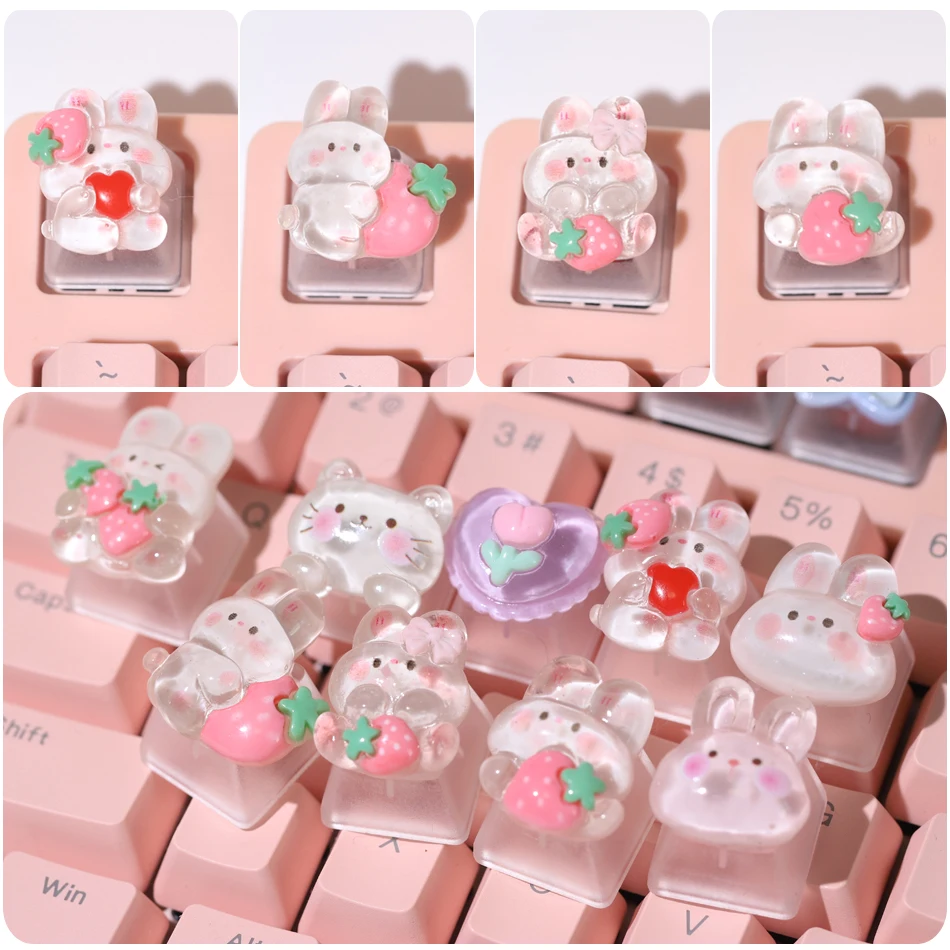 

Transparent cute cartoon strawberry powder rabbit keycap cute girl gift mechanical keyboard keycaps personalized backlit keycaps