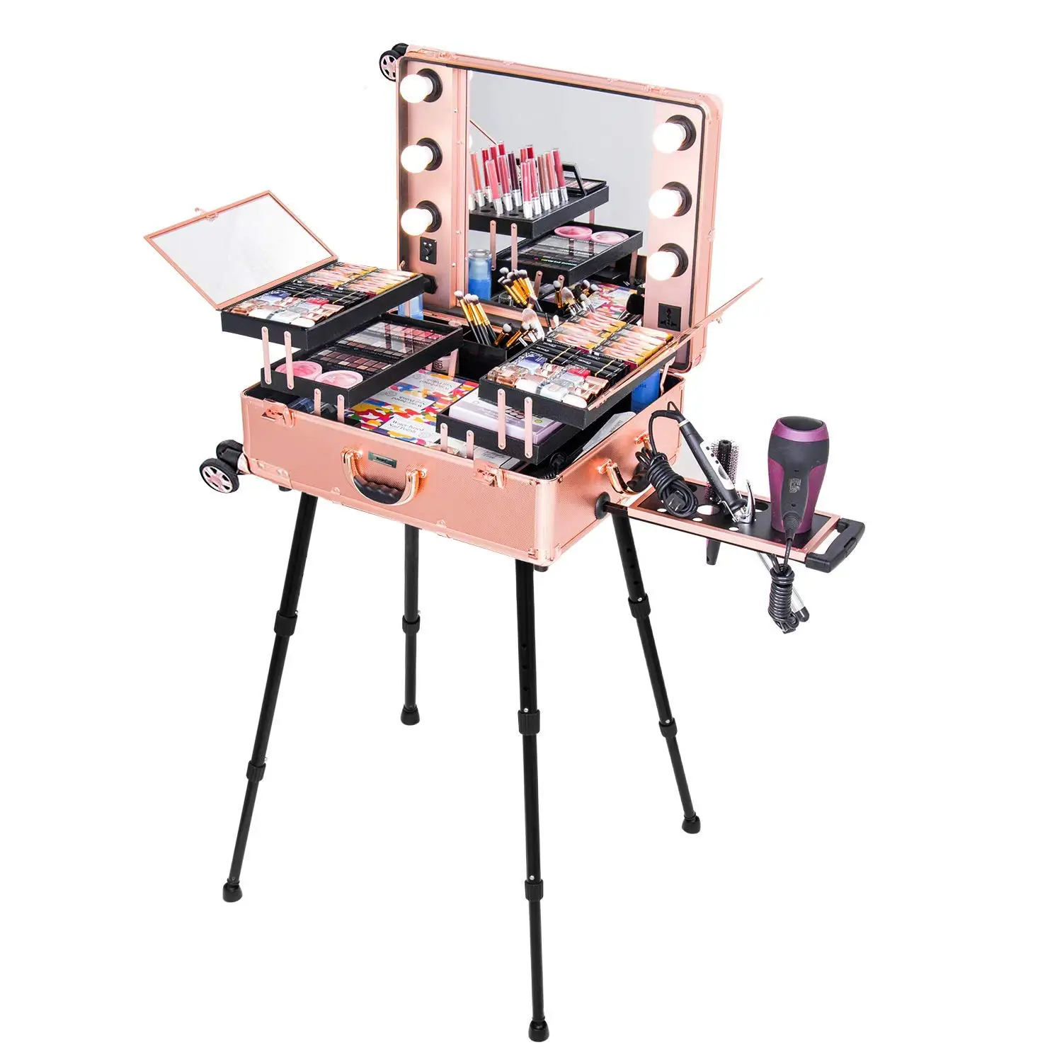 Easy Clean Professional Artist Studio Extendable Trays Cosmetic Box Wheels Lights Mirror Adjustable Sturdy Legs Makeup Kits