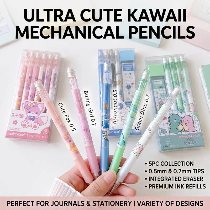 5Pcs/Set HB Mechanical Pencil Set with Refills Exam Test Taking Pencil 1 Tube Refill Automatic Pencil for School Office Supplies