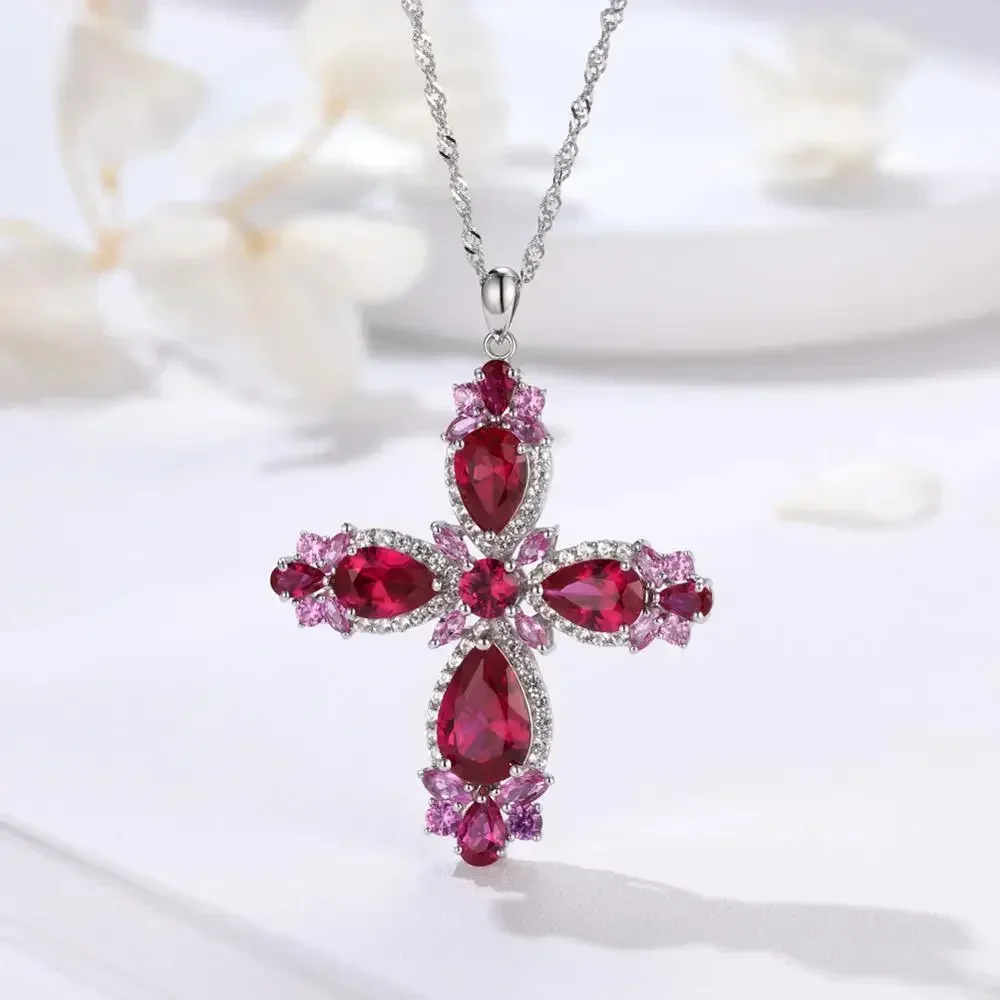 GZ ZONGFA 925 Sterling Silver Cross Pendant Necklace for Women 5.5 Carats Red Gemstone Sweater Chains Fine Jewelry Gifts