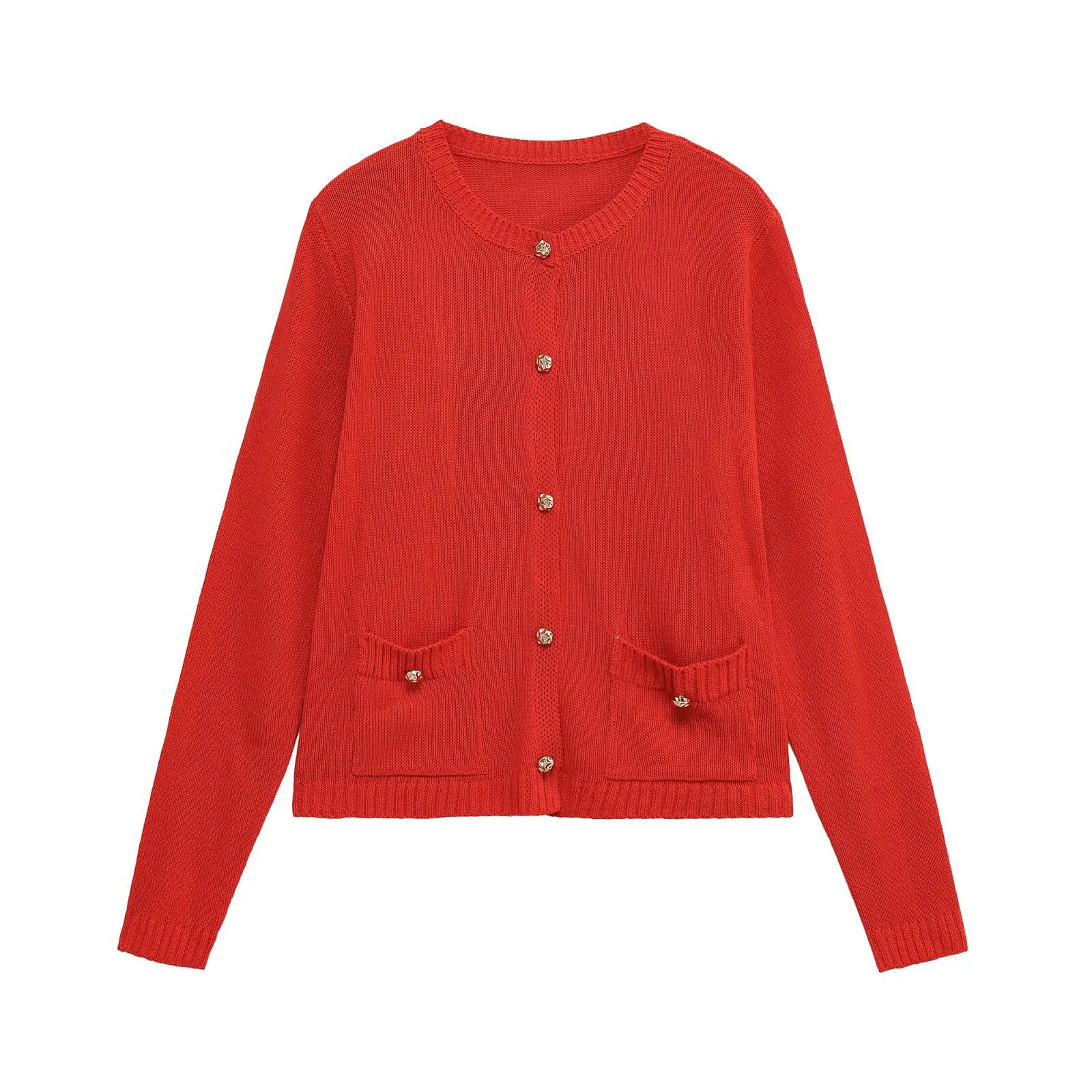 

Autumn New Women's Red Knitted Cardigan Sweater Simple Double Pockets O-Neck Single Breasted Straight Long Sleeves Sweater Top