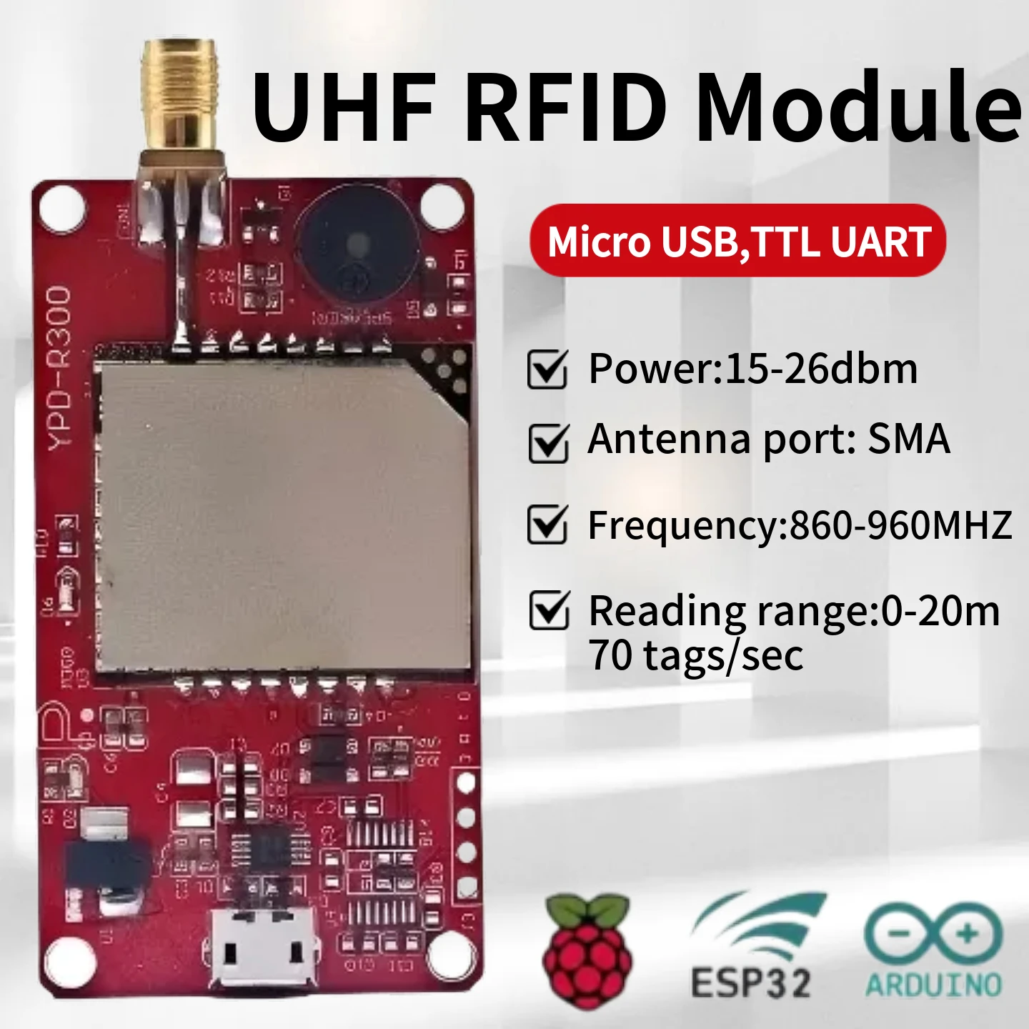 Modulo lettore RFID UHF R300 per ESP32 Raspberry Pi Arduino TTL UART Controllo accessi Antenna a lungo raggio 0-9dBi SDK gratuito incluso
