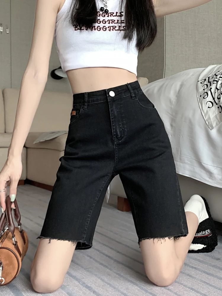 

High Waist Five-Quarter Denim Shorts for Women Thin Cotton Stretch Summer Riding Pants Slimming Elastic Tight with Frayed Hem