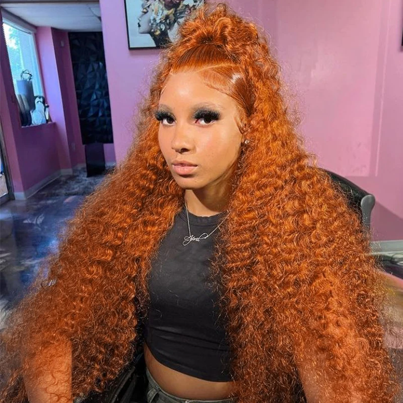32 بوصة الزنجبيل البرتقالي الدانتيل الجبهة الباروكات موجة المياه الشعر البشري 13x6 الدانتيل الشفاف الباروكة الأمامية للنساء # 350 شعر مجعد ملون