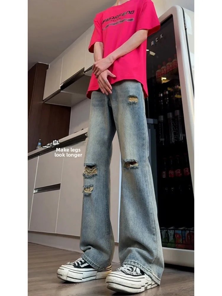 

Trendy Men's Ripped Jeans Summer 2024 Loose Straight Leg Thin American Elastic Slimming Long Pants Wear Resistant Cotton Poly...