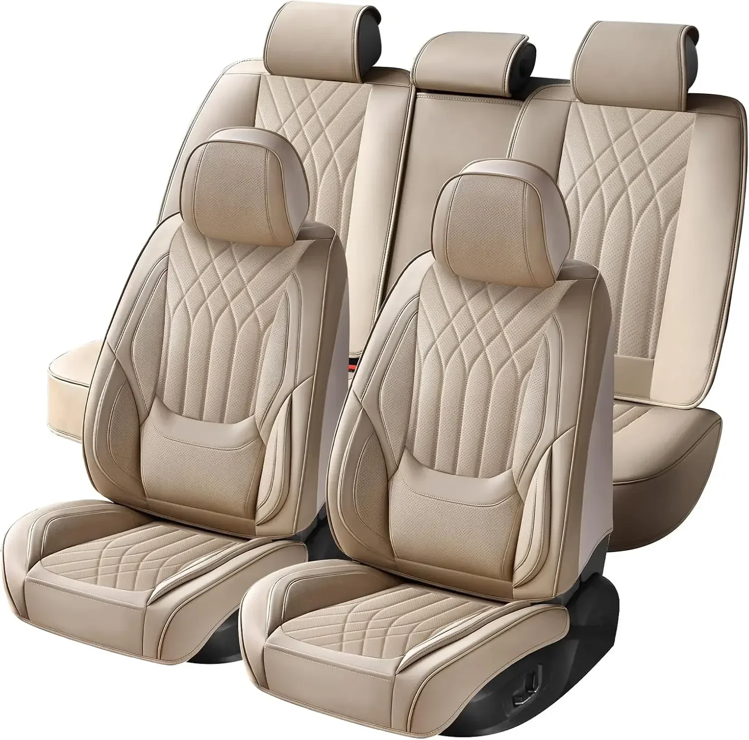 Beige Car Seat Covers Full Set Universal 5-Seater Full Coverage | Luxury Leather, Anti-Slip,Waterproof, Built-in Lumbar