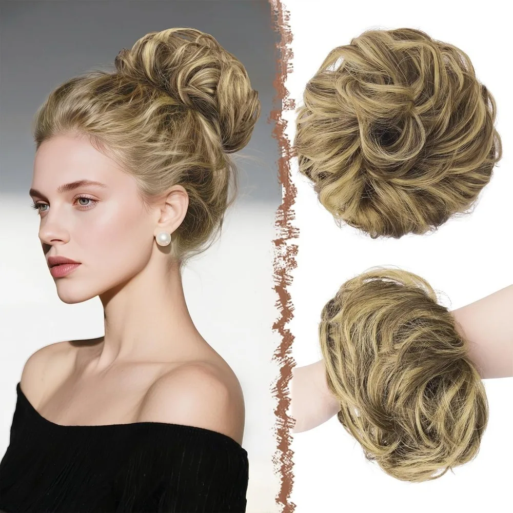 قطع شعر كعكة فوضوية - كعكة شعر مرنة كبيرة مموجة ومموجة، وصلات شعر على شكل ذيل حصان، قطع شعر صناعية للنساء،