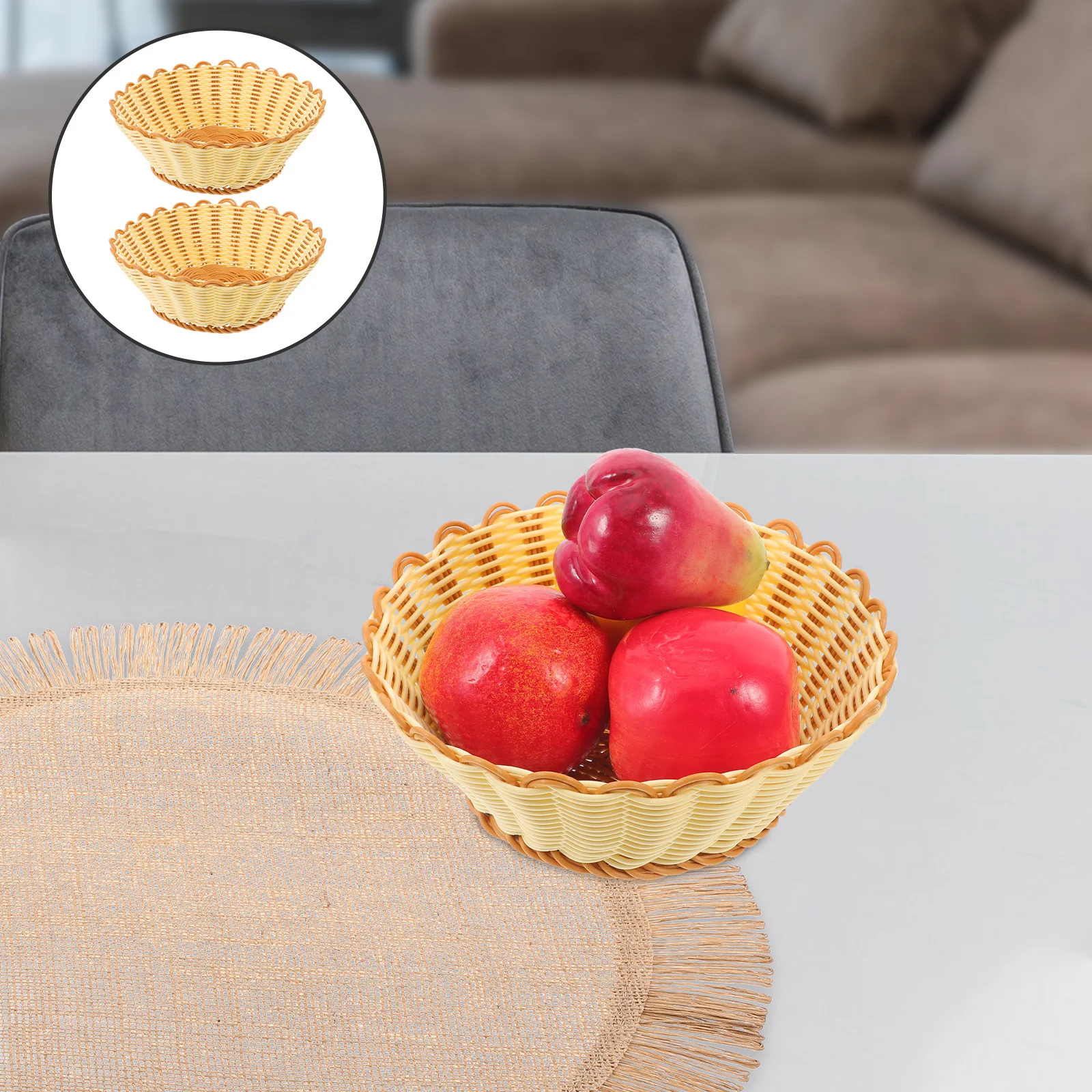 

2pcs Imitation Rattan Large Capacity Storage Basket For Fruits Snacks Dried Foods Household Woven Food Basket Multi-Function
