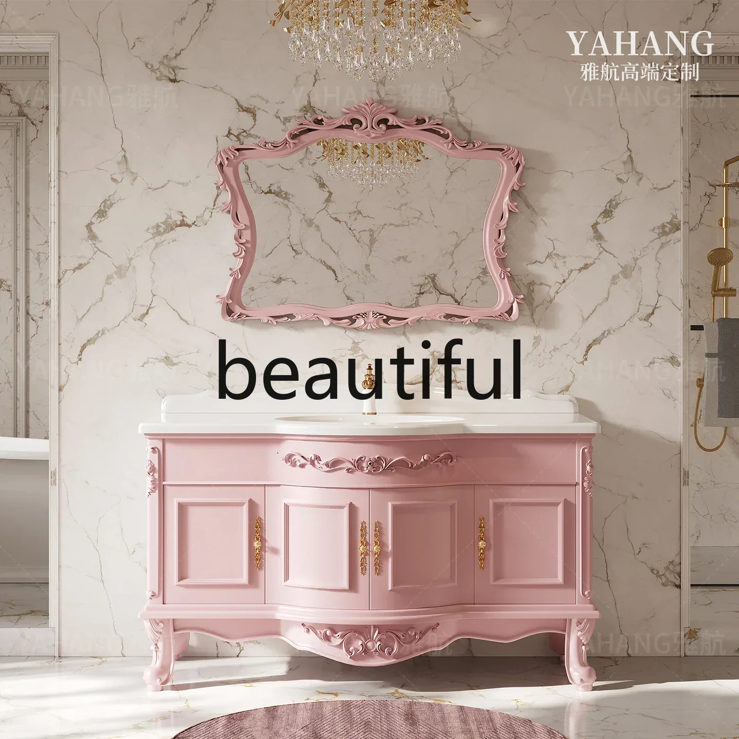European solid wood paint bathroom cabinet combination bathroom marble washbasin washbasin bathroom cabinet