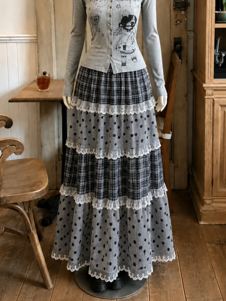 Elegant French Retro Lace Patchwork Flared A-Line Skirt Japanese Sweet Lolita Style Harajuku Y2K Hot Girl Daily Streetwear Skirt