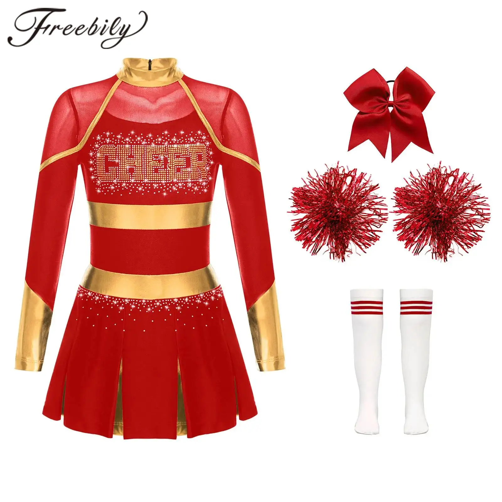 Kids Girls Cheerleading Costume Cheerleader Uniform Metallic Long Sleeve Dress Hand Flowers Socks Schoolgirls Team Dance Outfits