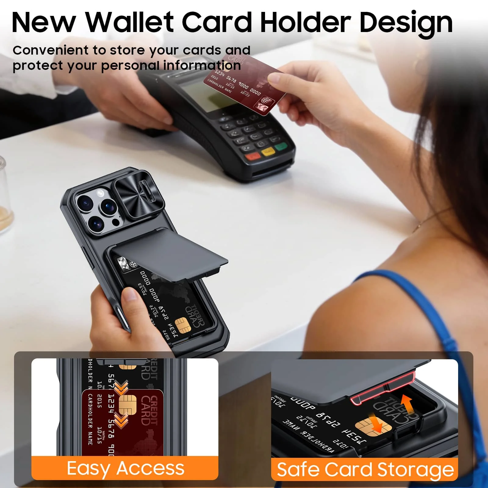 WEFOR dla iPhone 18 17 16 15 Pro Max Etui Portfel na 3-4 Karty z Podstawką, Przesuwaną Osłoną Kamery, Paskiem na Nadgarstek, Wytrzymałe i Odporne na Wstrząsy — zdjęcie produktu 3