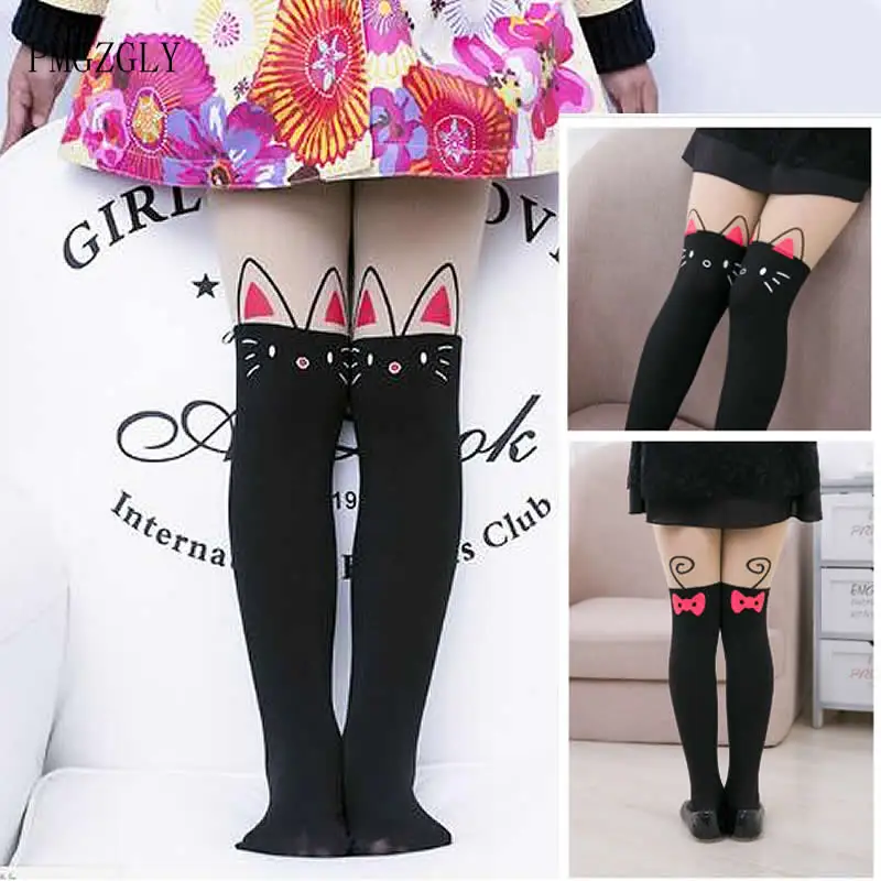 Cartoon Katze Kinder Prinzessin Mädchen Strumpfhosen Strümpfe Strumpfhosen Baby süße Strumpfhosen Kinder Strumpfhosen Knie gefälschte Samt Strumpf weiß