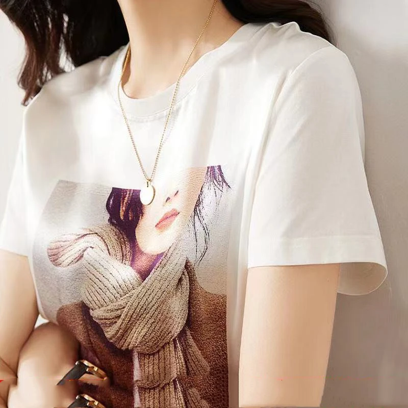 Fashion White Short Sleeve T-shirt for Women's New Summer Solid Loose Printing All-match Trend Tops Tees Elegant Vintage Clothes