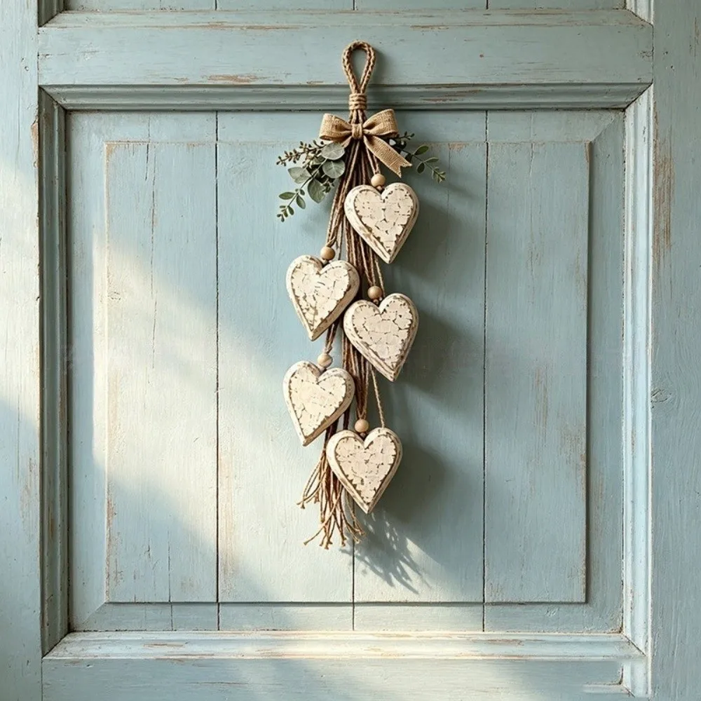 Handmade Boho Style Wooden Heart Wall Hanging Vertical Jute Rope Rustic Door Decor Rustic Wood Jute Pendant Door Hanging
