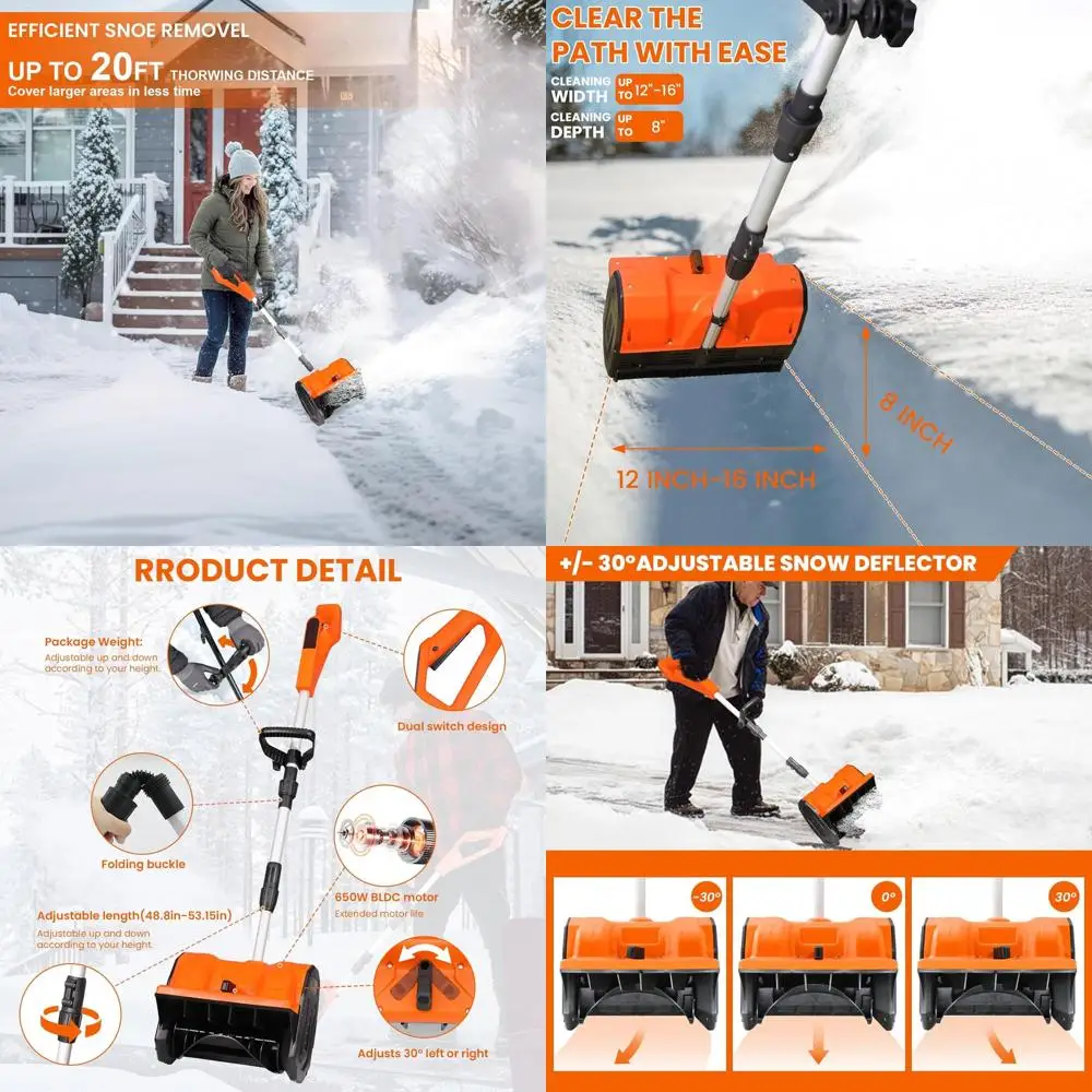 

13 Аккумуляторная лопата для снега, 48 В, 600 Вт, с аккумуляторами 2x4 Ач, быстрое зарядное устройство, ширина 12, глубина 8 глубины, 20 футов для подъездных дорог и тротуаров (O