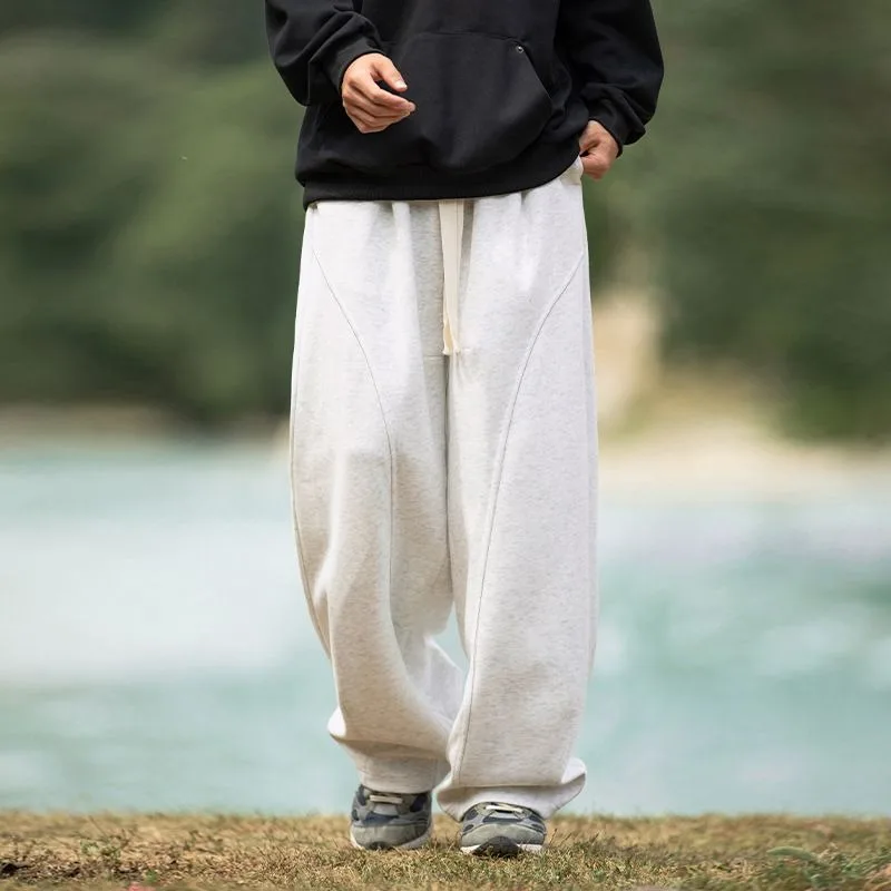 Men Heavyweight Curved Seam Wide Leg Sweatpants Autumn Winter High Street Loose Draped Casual Trousers