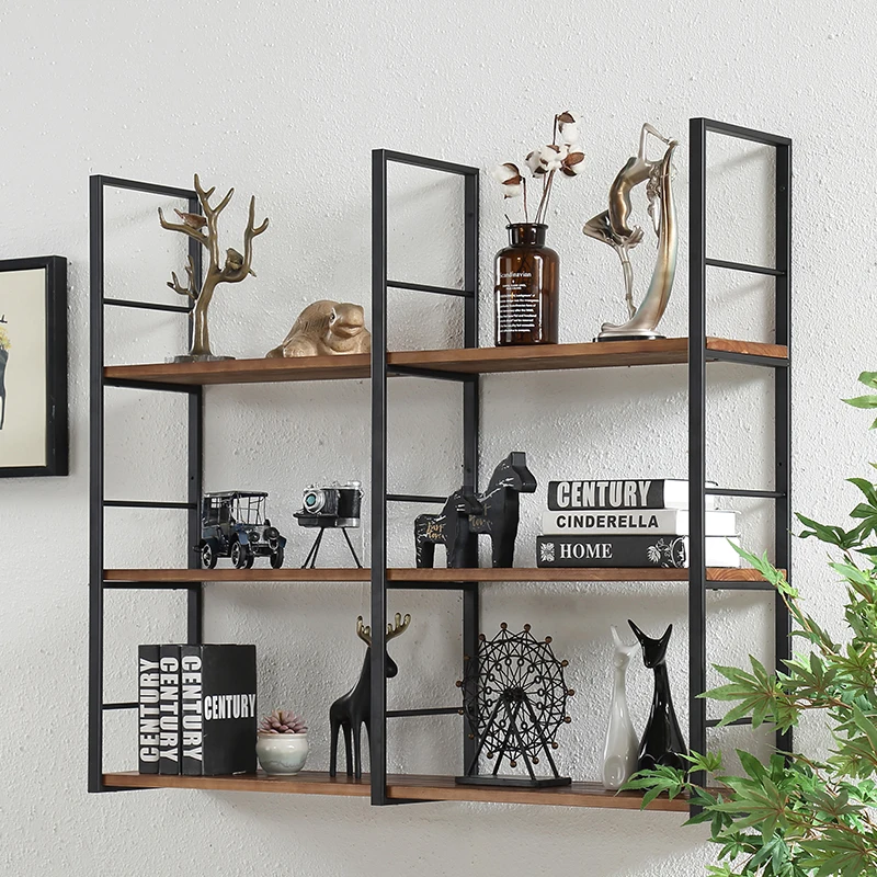 

Solid wood wall shelf Living room wrought iron bookshelf hanging baffle shelf Bedroom decorative cabinet