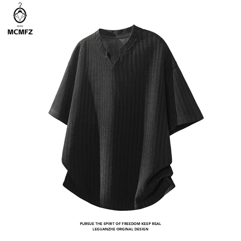 Men Breathable Striped Knit Short Sleeve T‑Shirt Notched V Neck Loose Curved Hem Top For Multiple Summer Casual Occasions