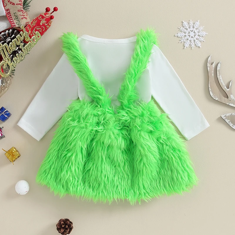 Newborn Baby Christmas Costume Long Sleeve Who Stole Christmas Romper Furry Suspender Skirt Set Green Monster Outfit