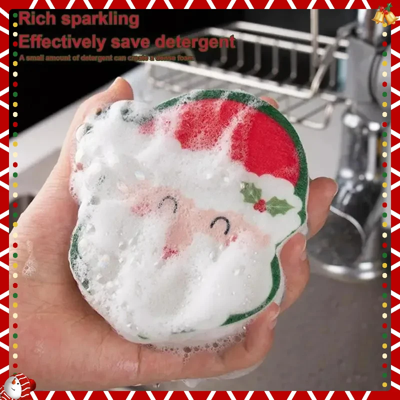 

4PCS Christmas Cleaning Sponges Rubs Cartoon Santa Snowman Style Sponge Brushes Household Kitchen Cleaning Tools Xmas Decor