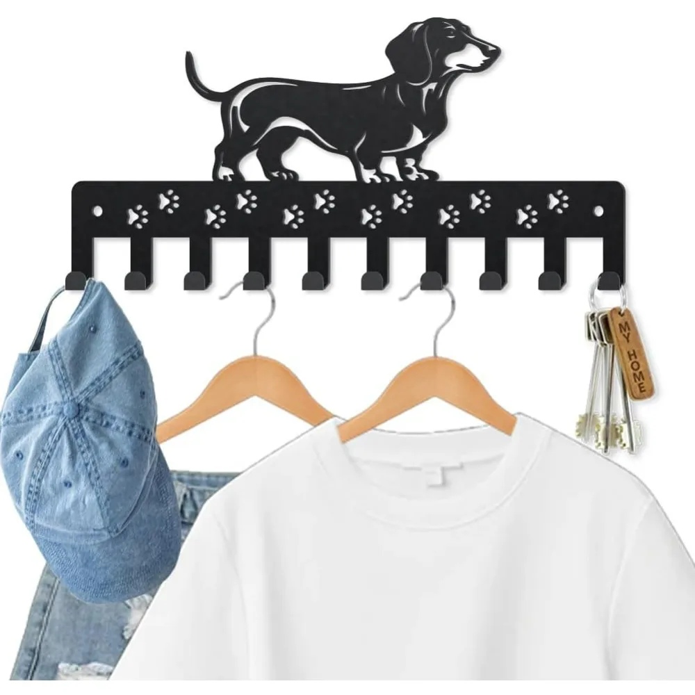 Dachshund Coat Rack Wall Mount Metal Dog Paw Print Key Hook 9.8×4.7inch Pet Animal Coat Hook with 10 Hooks Black Dog Leash Wall