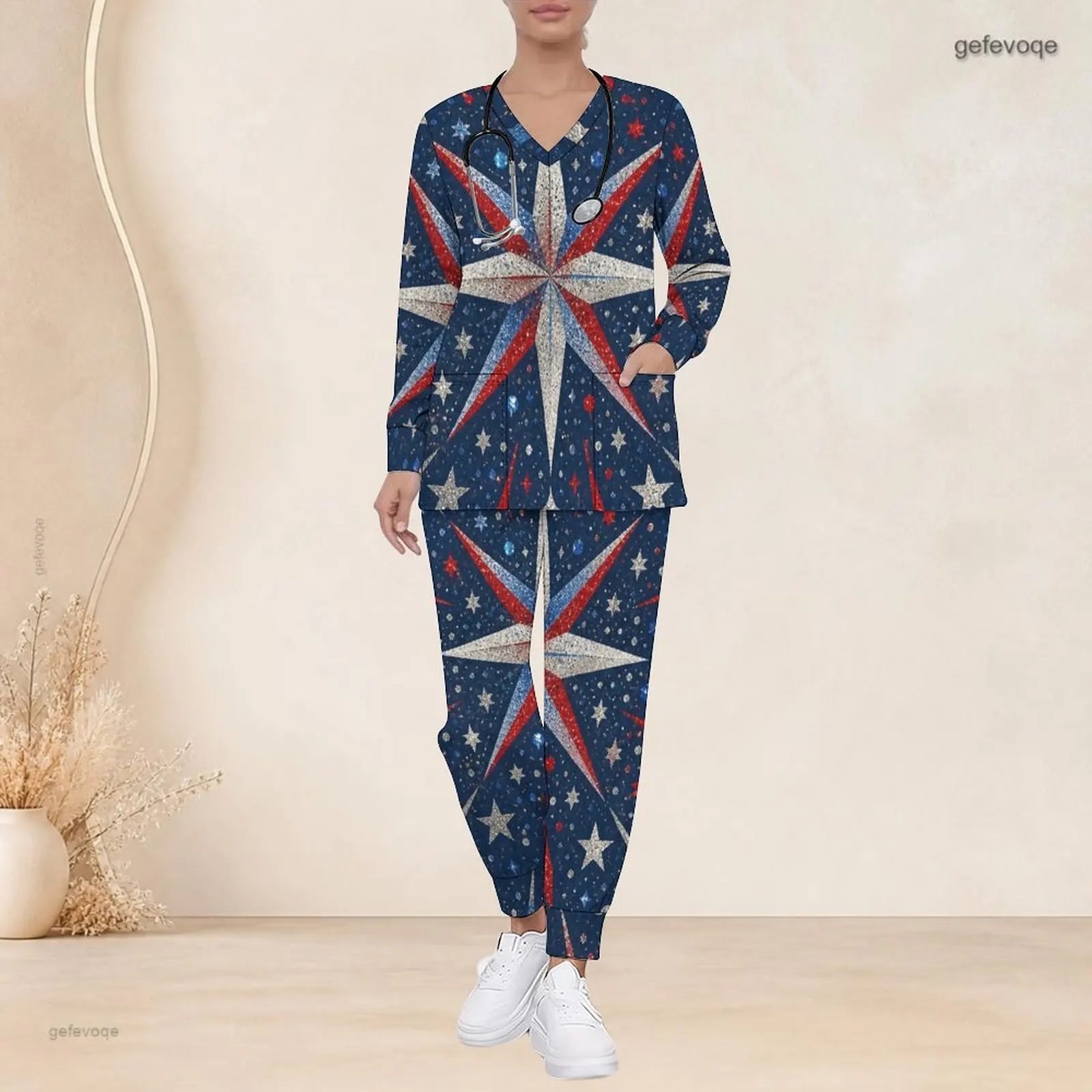 Women Printed Scrub Set V Neck Long Sleeve Pocket Top Long Pants Two Piece