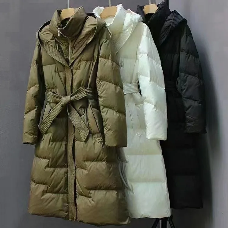 Manteau à Capuche en Duvet de Canard Blanc pour Femme, Veste Longue et Chaude, Manches sulf, Fermeture Éclair, Streetwear, Couleur Unie, Hiver 2023