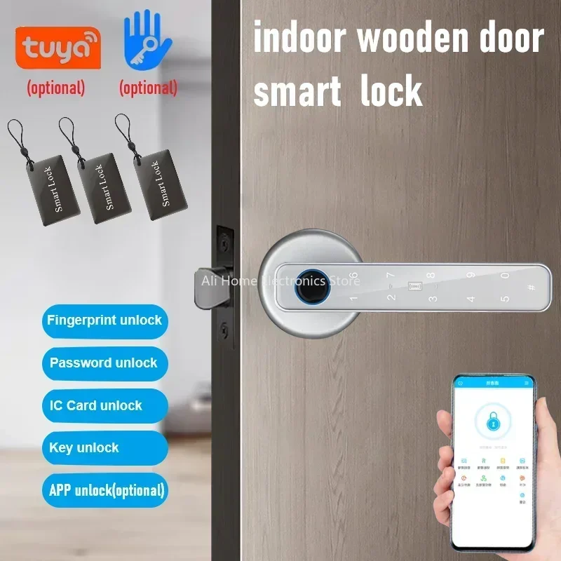 

TTLOCK/Tuya APP Unlock Smart Lock Fingerprint Password RFID IC Card Sensing Single Latch Electronic Door Lock for Wooden Door