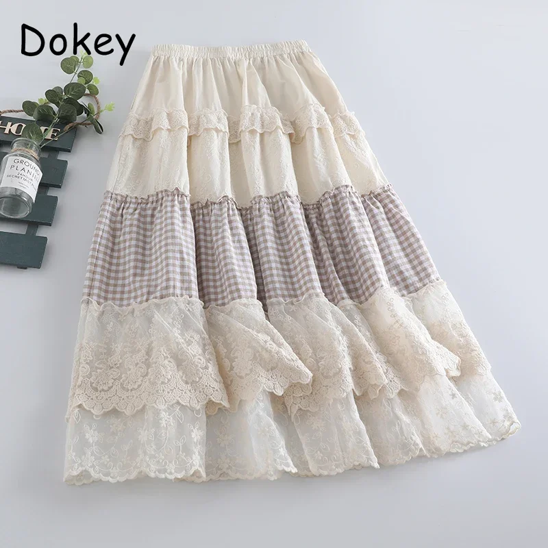 

Vintage Lace Patchwork Cotton Linen Skirts Women Summer Japanese Mori Girl Elegant Ruffle High Waist Lolita Skirts Faldas Mujer