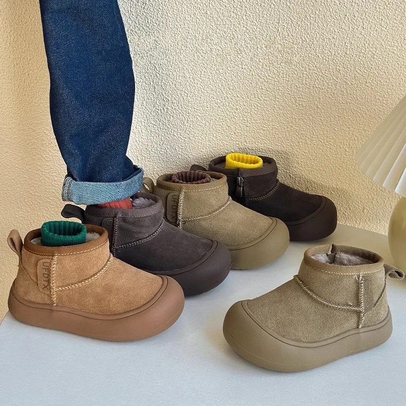 2026 Autumn New Genuine Leather Children Snow Boots Zip Plush Lined Thickened Warm Cotton Short Boots Comfort Winter Footwear