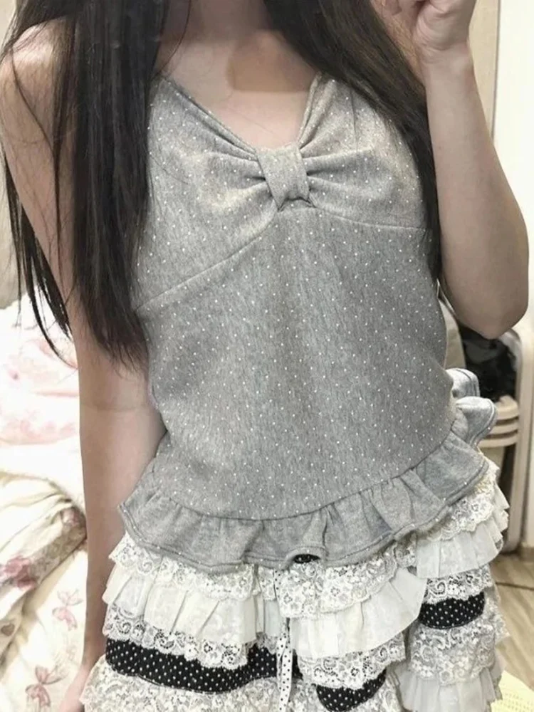 Cinza polka dot halter colete feminino vintage y2k estética decote em v fino ajuste plissado tanques doce outerwear picante menina colheita topo