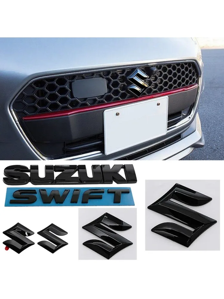 Couvercle d'emblème de Logo de coffre avant et arrière de voiture noir brillant ABS pour SUZUKI Swift, autocollant de décoration de Badge de remplacement central de volant