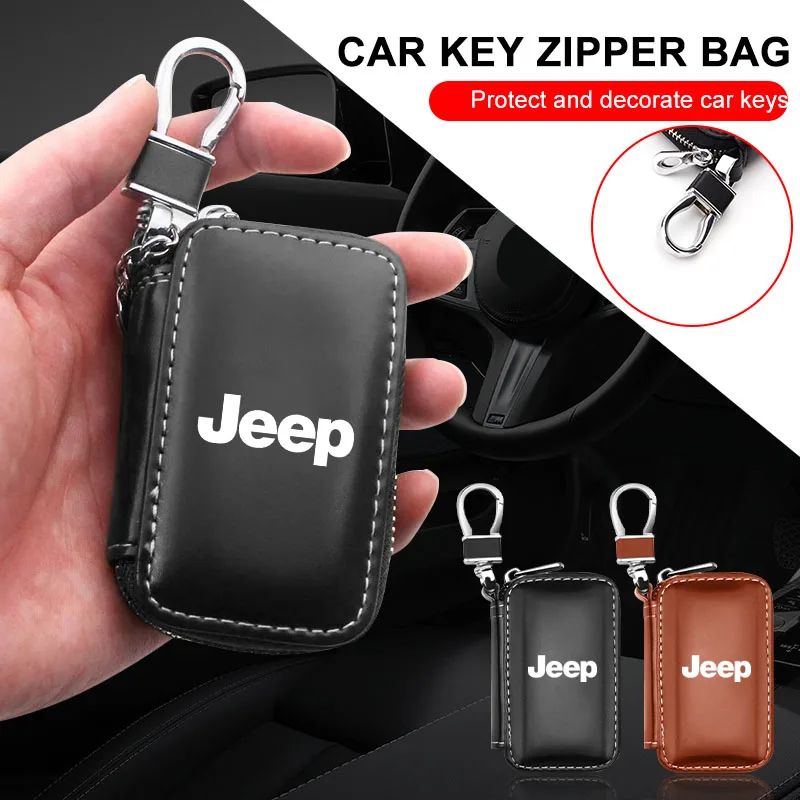 

Leather Car Key Case Cover Keychain Zipper Bag Protector Car Key For Jeep Wrangler Grand Cherokee Renegade Tyre Stem Air Caps