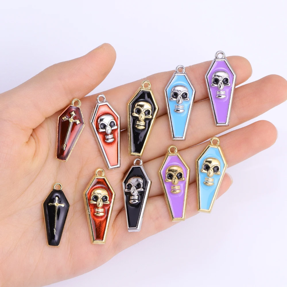 10Pcs Mixed Vintage Vampire Cross Skull Coffin Charms for Jewelry Making Enamel Halloween Necklace Pendant Jewelry Party Decorat